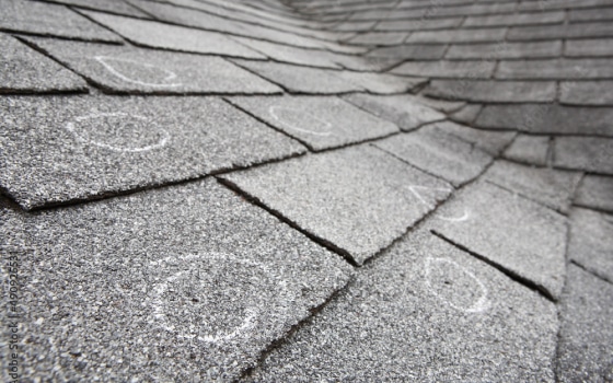 close up of shingles with circles where damage is